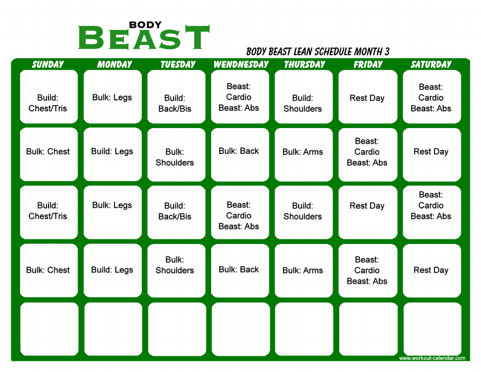 Body Beast Lean Schedule Template - Month 3