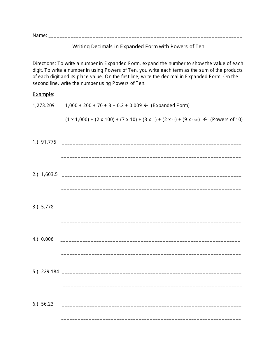 Writing Decimals in Expanded Form With Powers of Ten Worksheet, Page 1