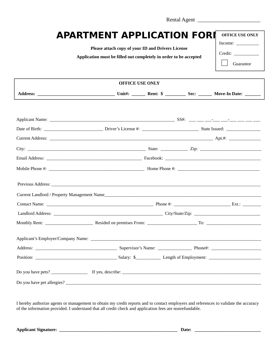 Apartment Application Form Fill Out Sign Online and Download PDF