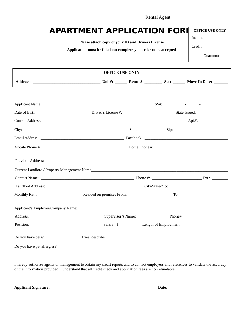 Free Printable Apartment Rental Application