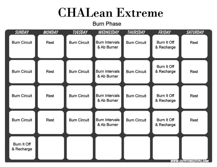 Chalean Extreme Burn Phase Weekly Workout Calendar Template Download 
