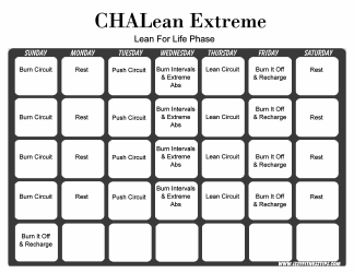 Document preview: Chalean Extreme Lean for Life Phase Workout Calendar Template