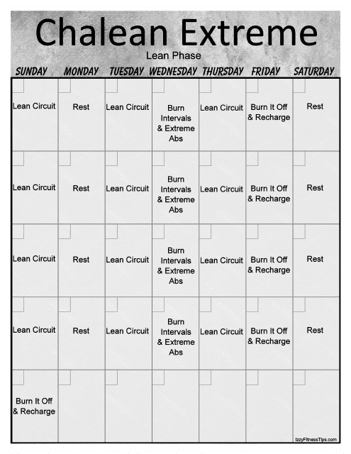 Chalean Extreme Lean Phase Workout Calendar Template Vertical Download Printable Pdf Templateroller