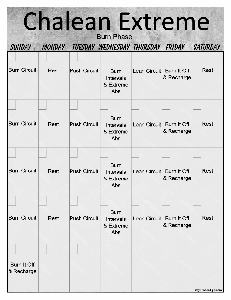 Chalean Extreme Burn Phase Workout Calendar Template - Portrait Orientation Download Printable PDF | Templateroller