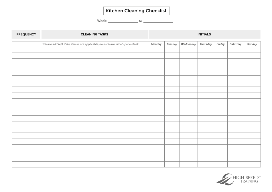 Kitchen Cleaning Checklist template - High Speed Training