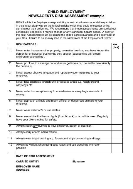 Child Employment Newsagent's Risk Assessment Template