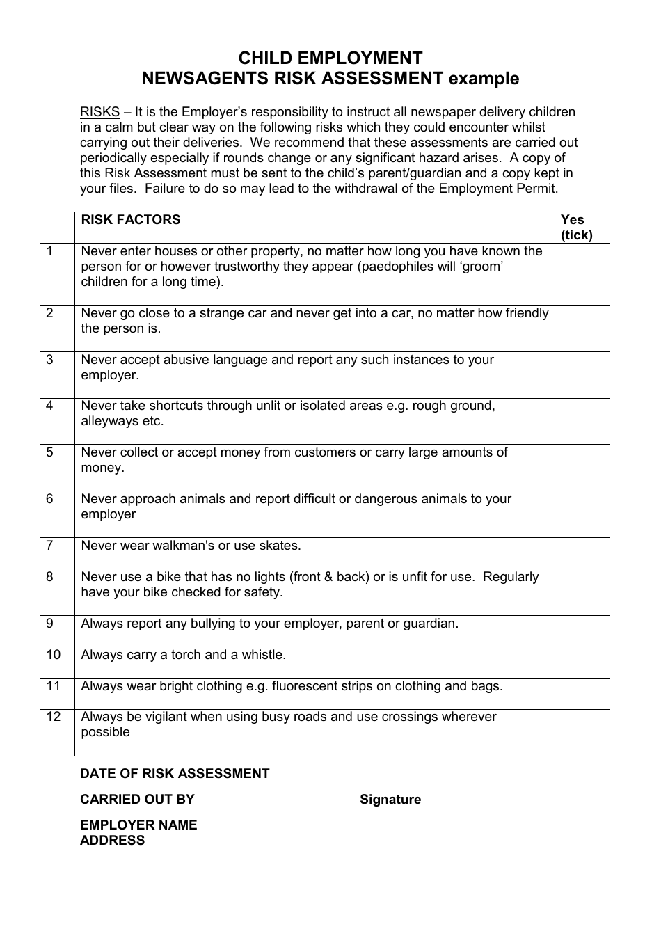 Child Employment Newsagent's Risk Assessment Template - Preview Image
