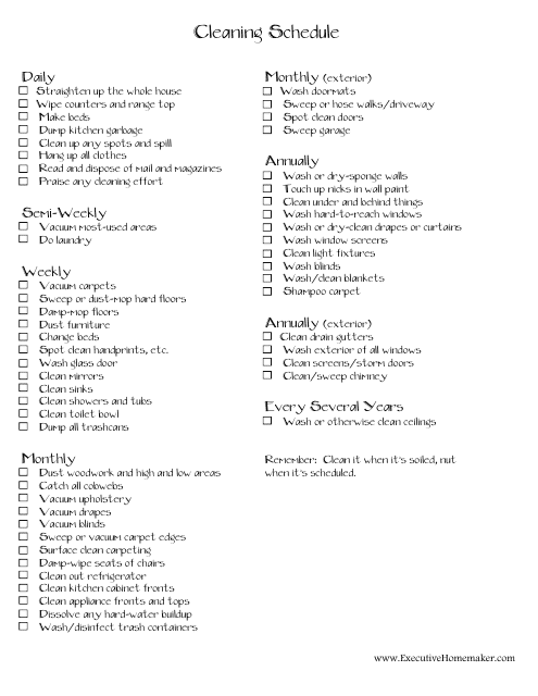 House Cleaning Schedule Template - Different Points