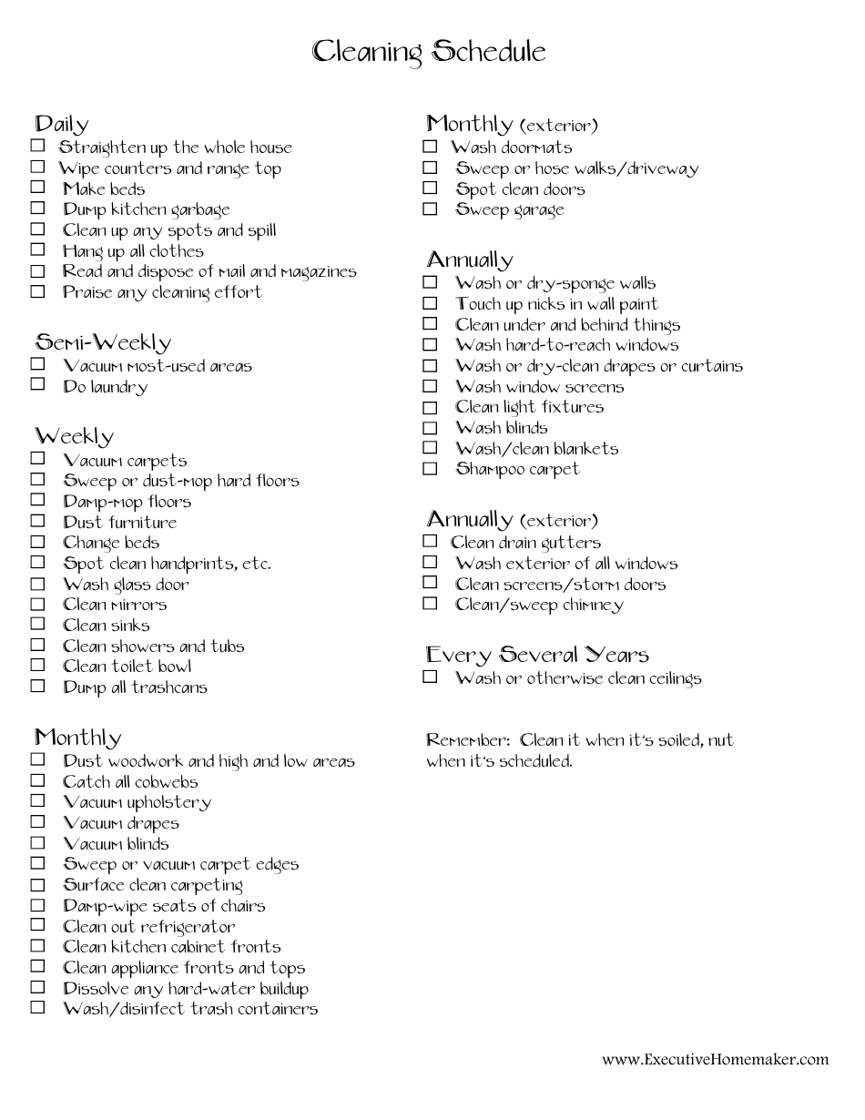 House Cleaning Schedule Template - Different Points Download Printable ...