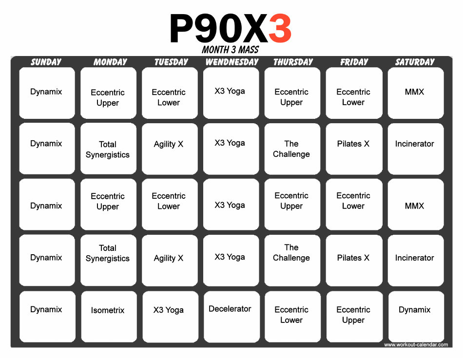 P90x3 Month 3 Mass Workout Schedule Template Download Printable PDF.