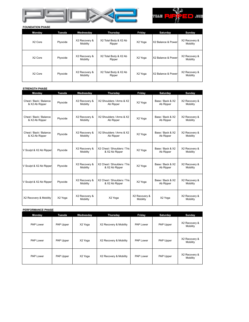 P90x2 Workout Schedule Template - Ripped