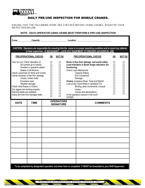 Daily Mobile Cranes Pre-use Inspection Form - Industrial Safety Trainers Ins. Download Pdf
