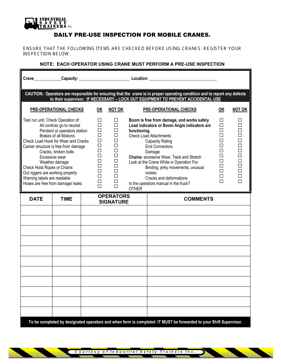 Daily Mobile Cranes Pre-use Inspection Form - Industrial Safety Trainers Ins., Page 1