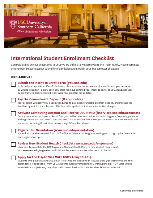 International Student Enrollment Checklist at University of Southern California, California