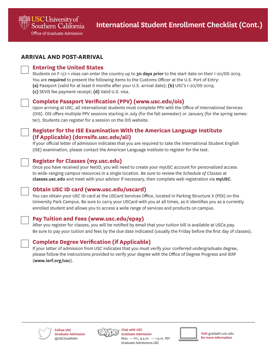 International Student Enrollment Checklist - University of Southern California - California, Page 2