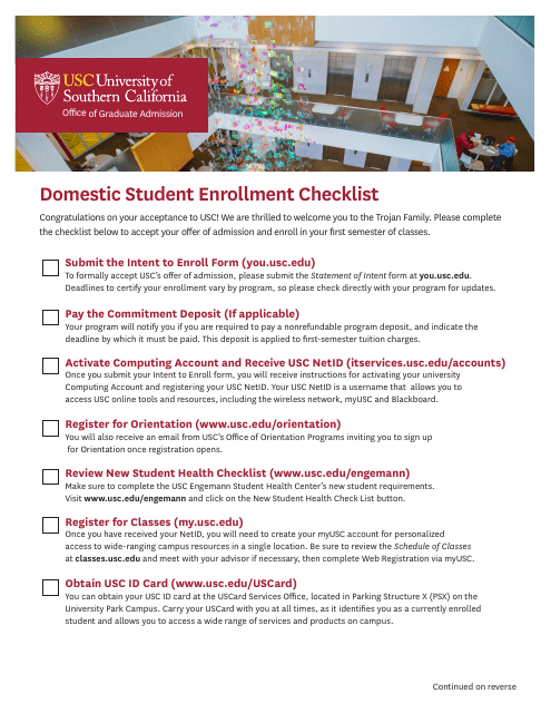 Domestic Student Enrollment Checklist - University of Southern California - California