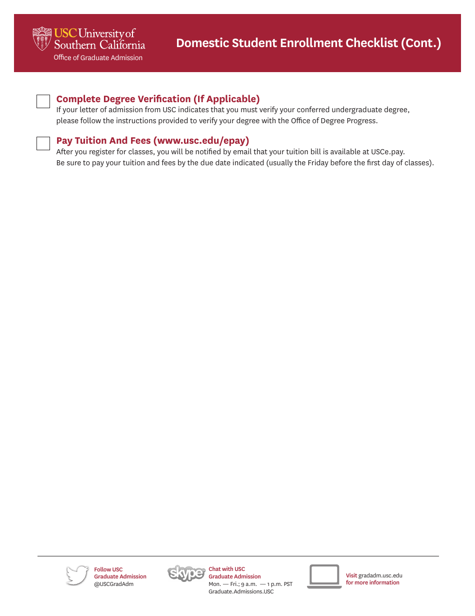 Domestic Student Enrollment Checklist - University of Southern California - California, Page 2