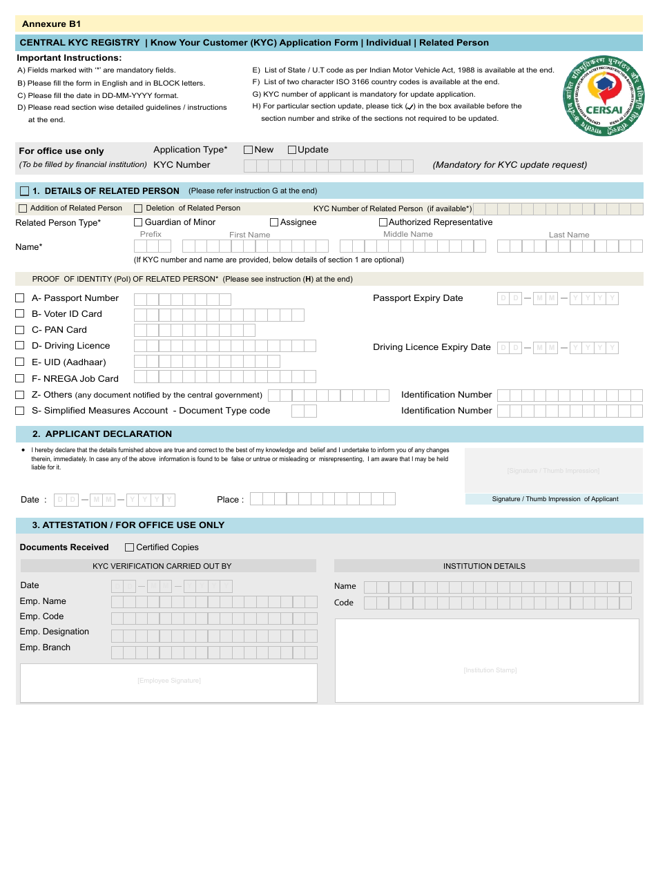 Know Your Customer (Kyc) Application Form - Cersai - India, Page 1