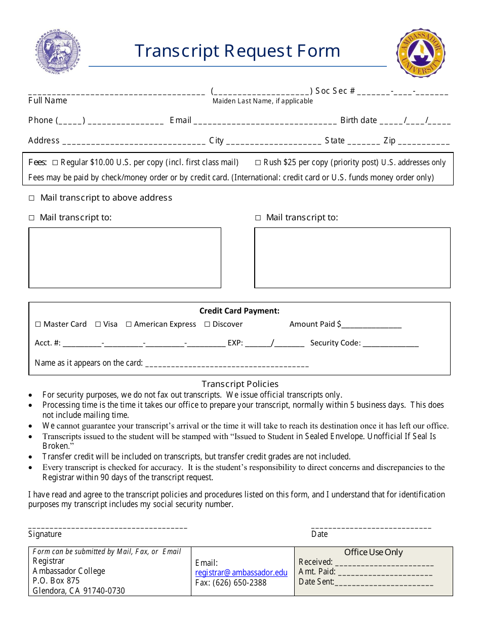 Transcript Request Form - Ambassador College, Page 1