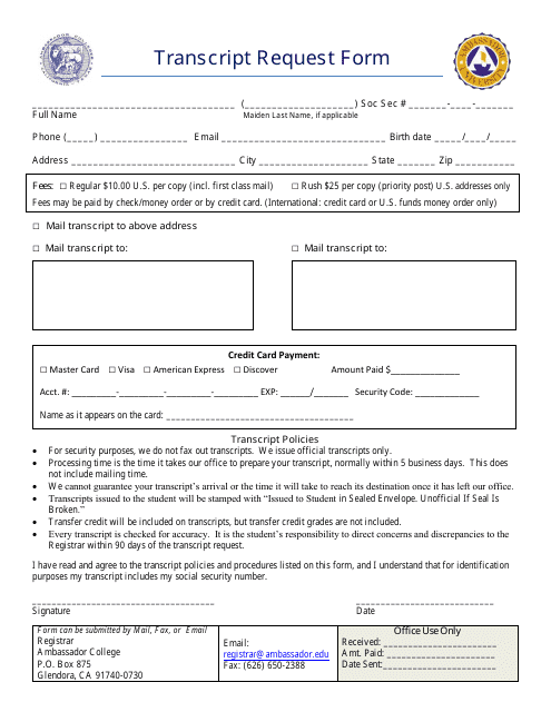 &quot;Transcript Request Form - Ambassador College&quot; Download Pdf