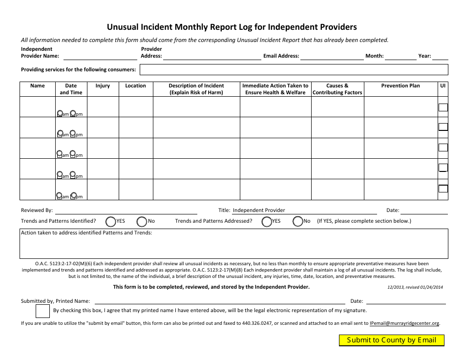 Unusual Incident Monthly Report Log Form for Independent Providers, Page 1