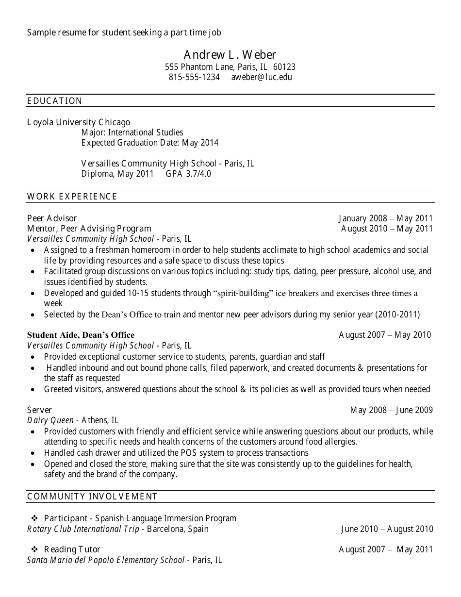 resume sample for student part time job