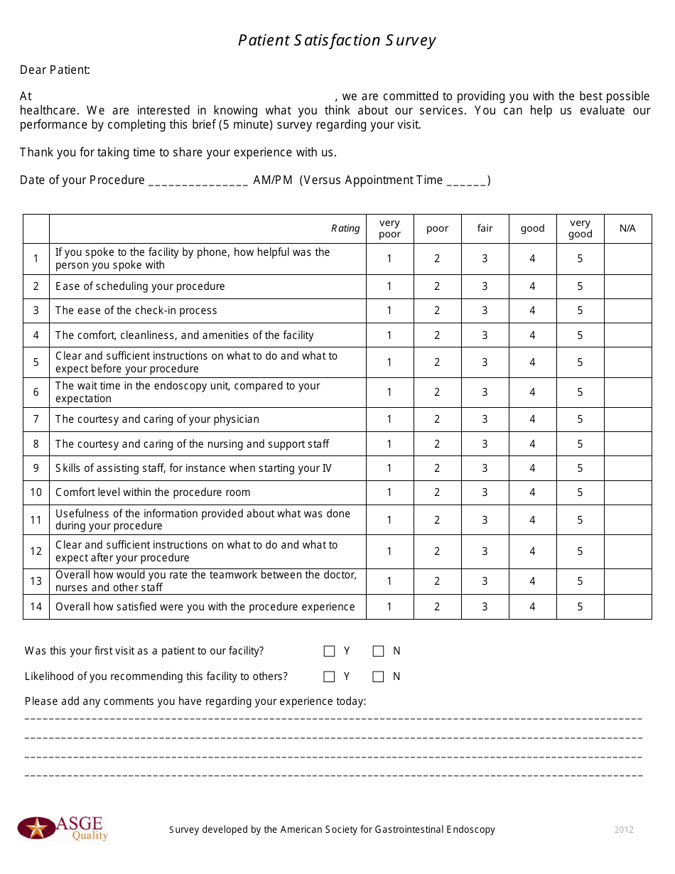 Patient Satisfaction Survey Form - Asge, Page 1