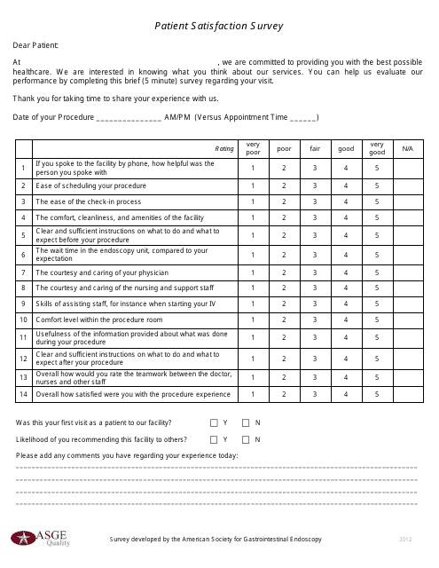 &quot;Patient Satisfaction Survey Form - Asge&quot; Download Pdf
