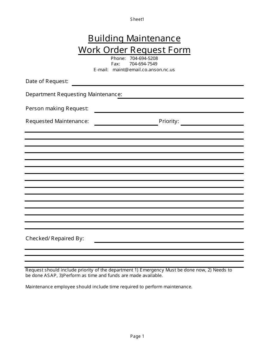 Building Maintenance Work Order Request Form - Anson County, North Carolina, Page 1