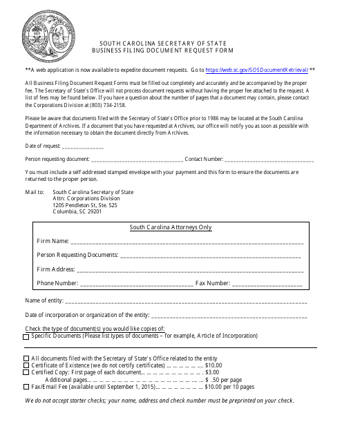 "Business Filing Document Request Form" - South Carolina Download Pdf