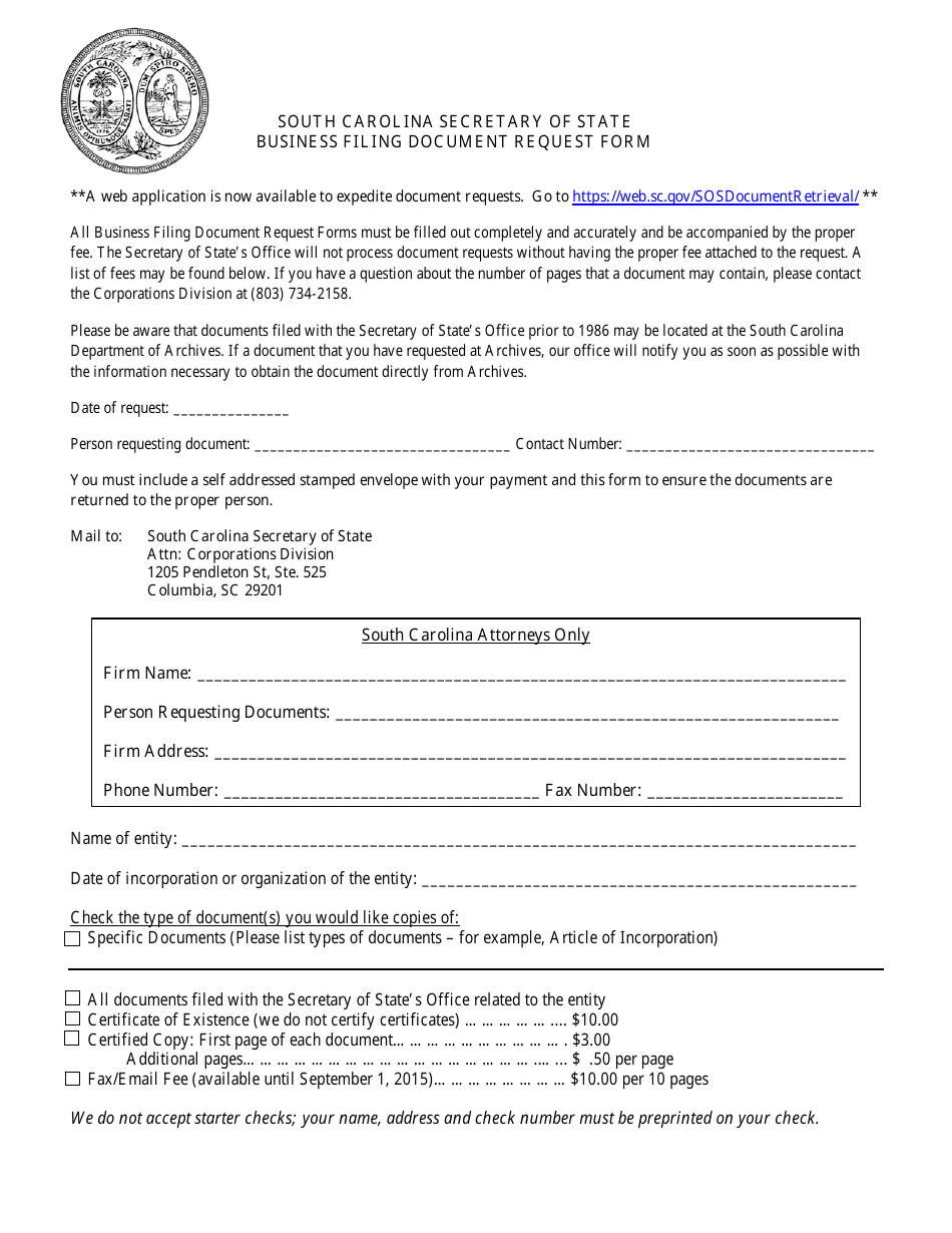 Business Filing Document Request Form - South Carolina, Page 1