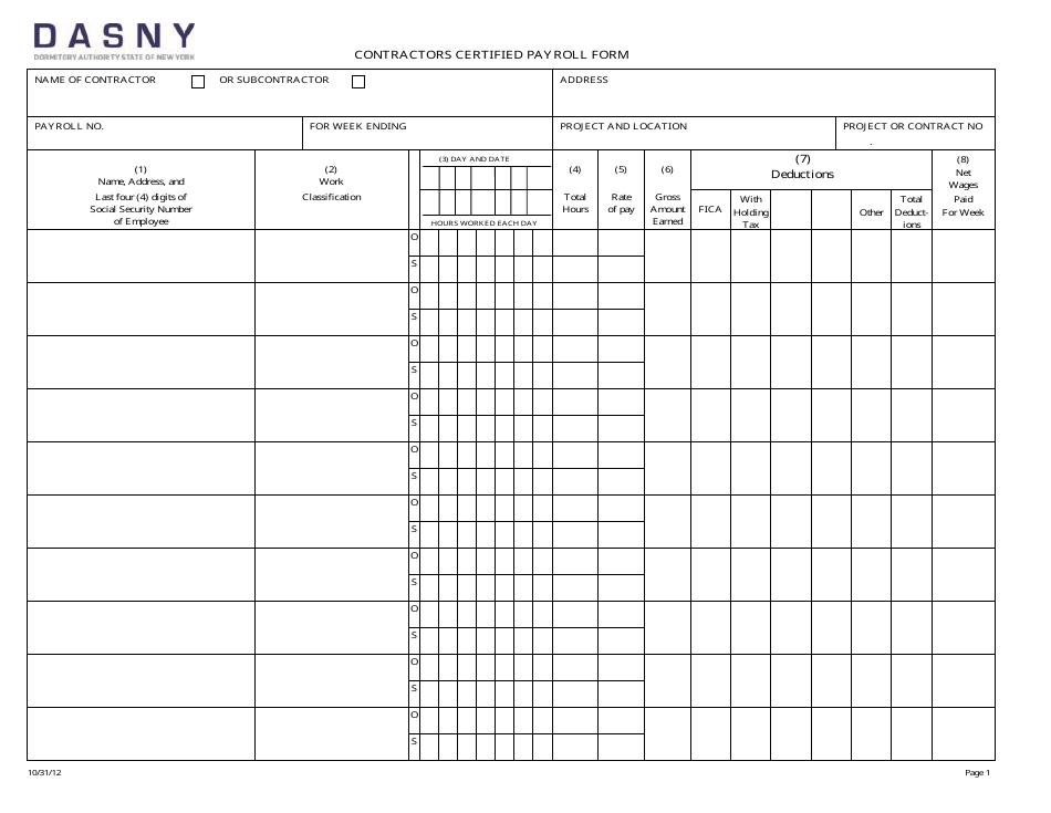 Contractors Certified Payroll Form - Dasny, Page 1