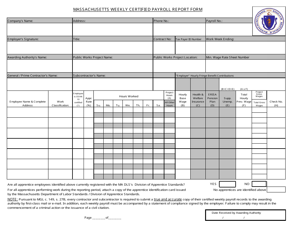 Weekly Certified Payroll Report Form - Massachusetts, Page 1