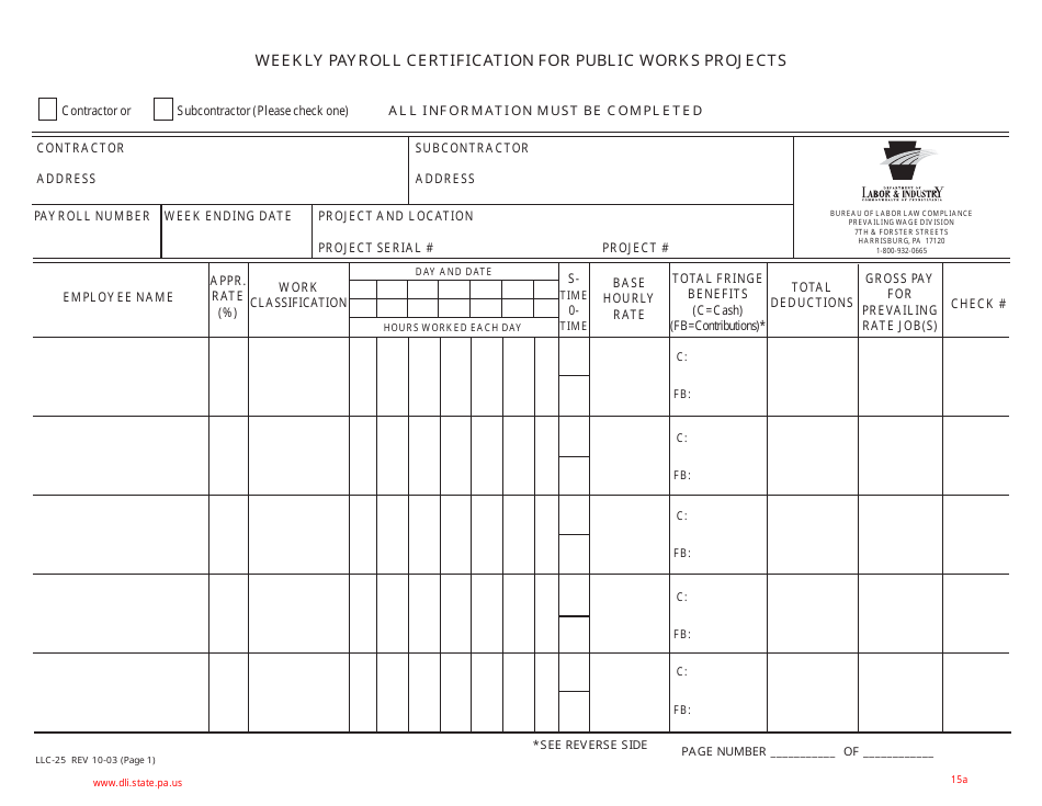 Form LLC-25 Weekly Payroll Certification for Public Works Projects - Pennsylvania, Page 1