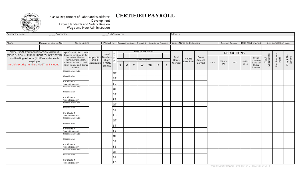 Certified Payroll Form - Alaska Download Pdf