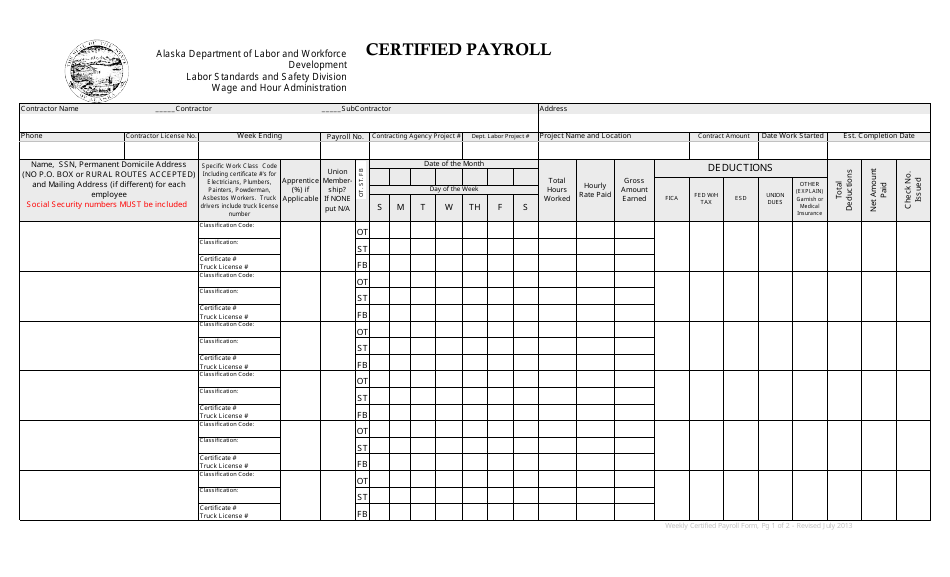 Certified Payroll Form - Alaska, Page 1