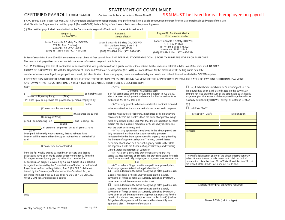 Alaska Certified Payroll Form Fill Out, Sign Online and Download PDF