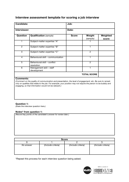 &quot;Interview Assessment Template for Scoring a Job Interview - Mars&quot; Download Pdf
