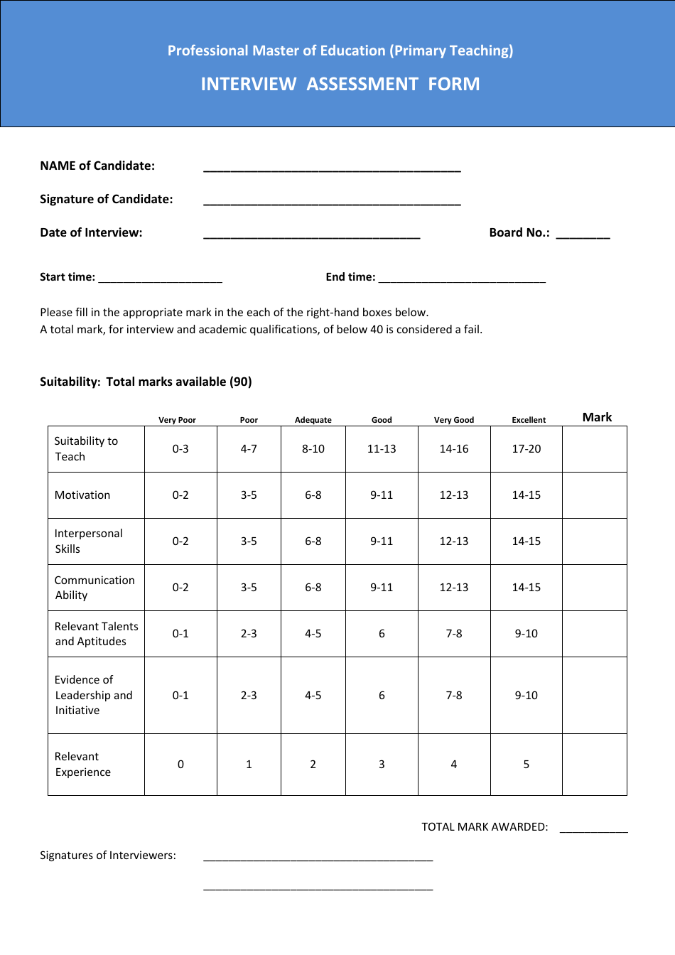 Interview Assessment Form - Professional Master of Education (Primary Teaching), Page 1