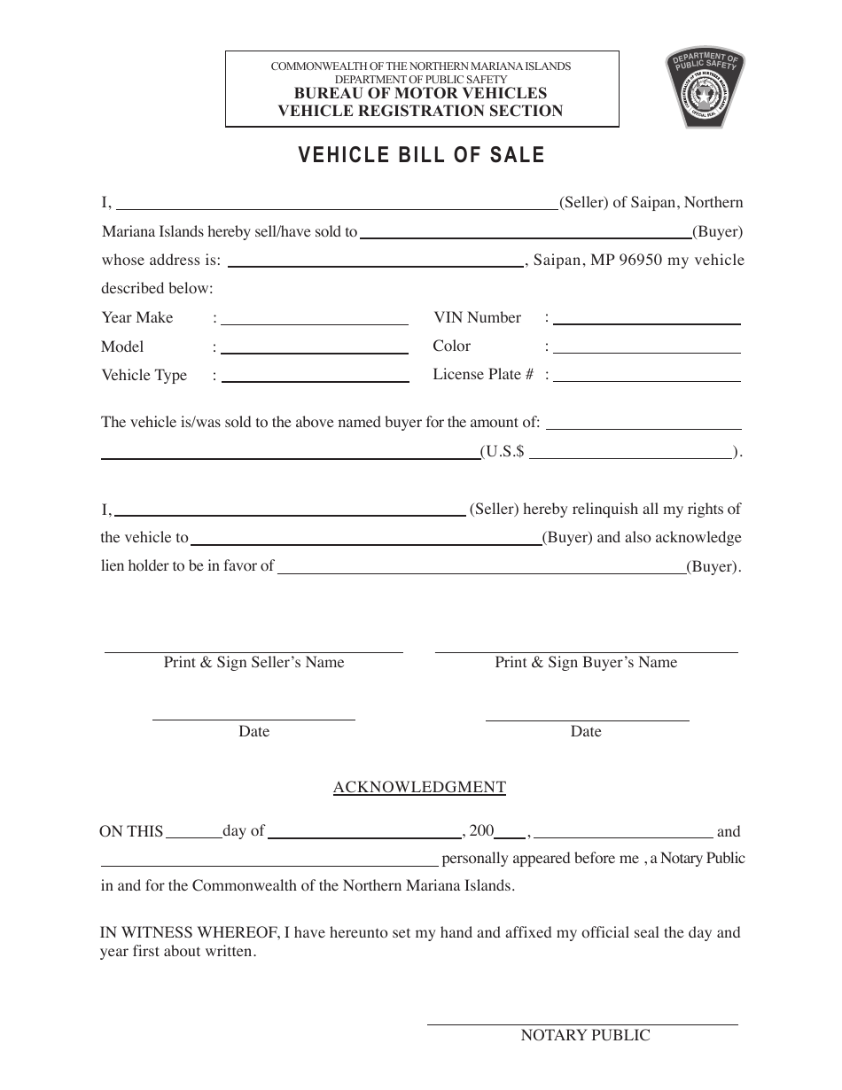 Vehicle Bill of Sale Template - Northern Mariana Islands, Page 1