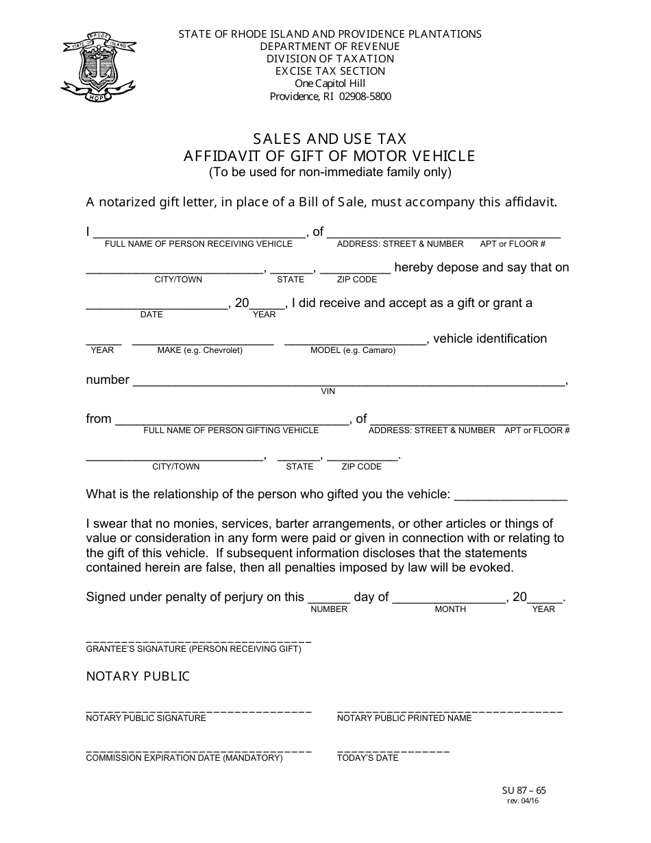 Form SU87-65 Affidavit of Gift of Motor Vehicle - Rhode Island, Page 1