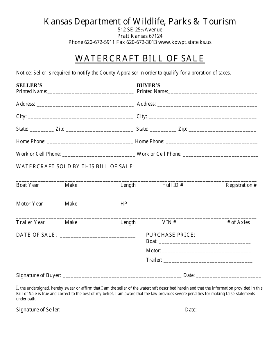 Watercraft Bill of Sale - Kansas, Page 1
