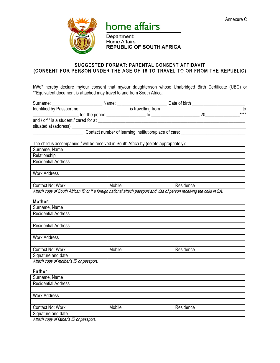South Africa Parental Consent Affidavit Form Download Printable Intended For South African Birth Certificate Template