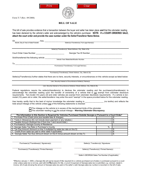 Form T-7 Vehicle Bill of Sale - Georgia (United States)