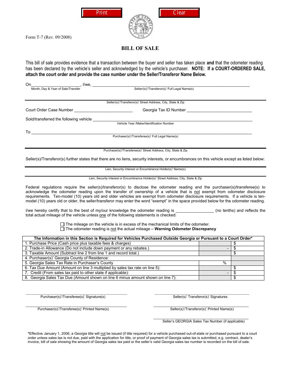 Form T-7 Vehicle Bill of Sale - Georgia (United States), Page 1