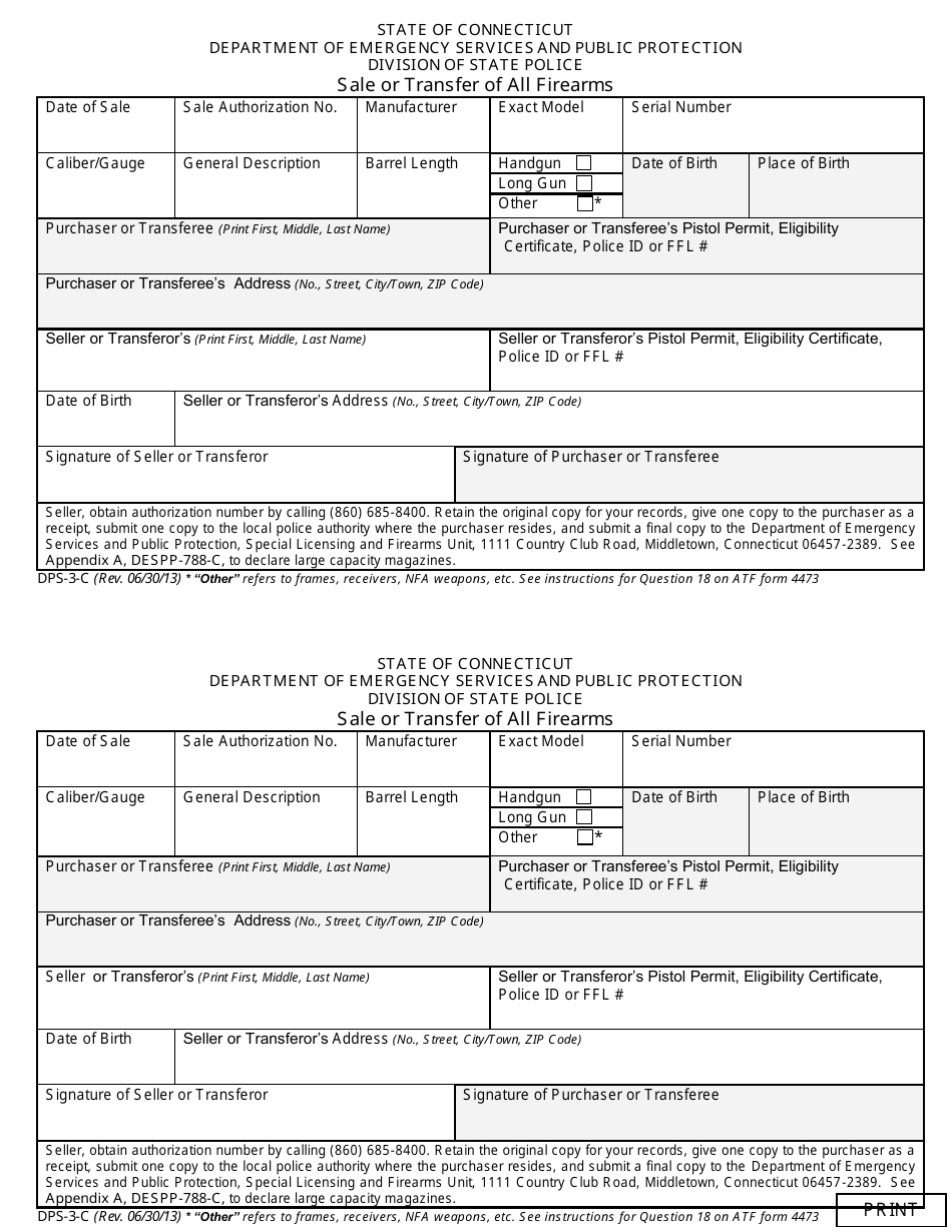 Form DPS-3-C Sale or Transfer of All Firearms - Connecticut, Page 1