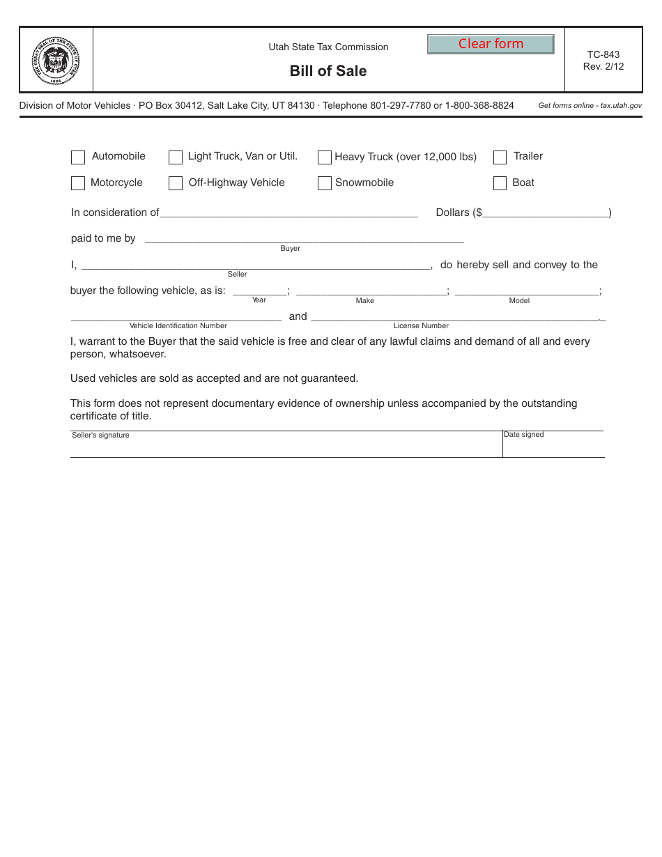 Form TC-843 Bill of Sale (Automobile, Trailer, Boat) - Utah, Page 1