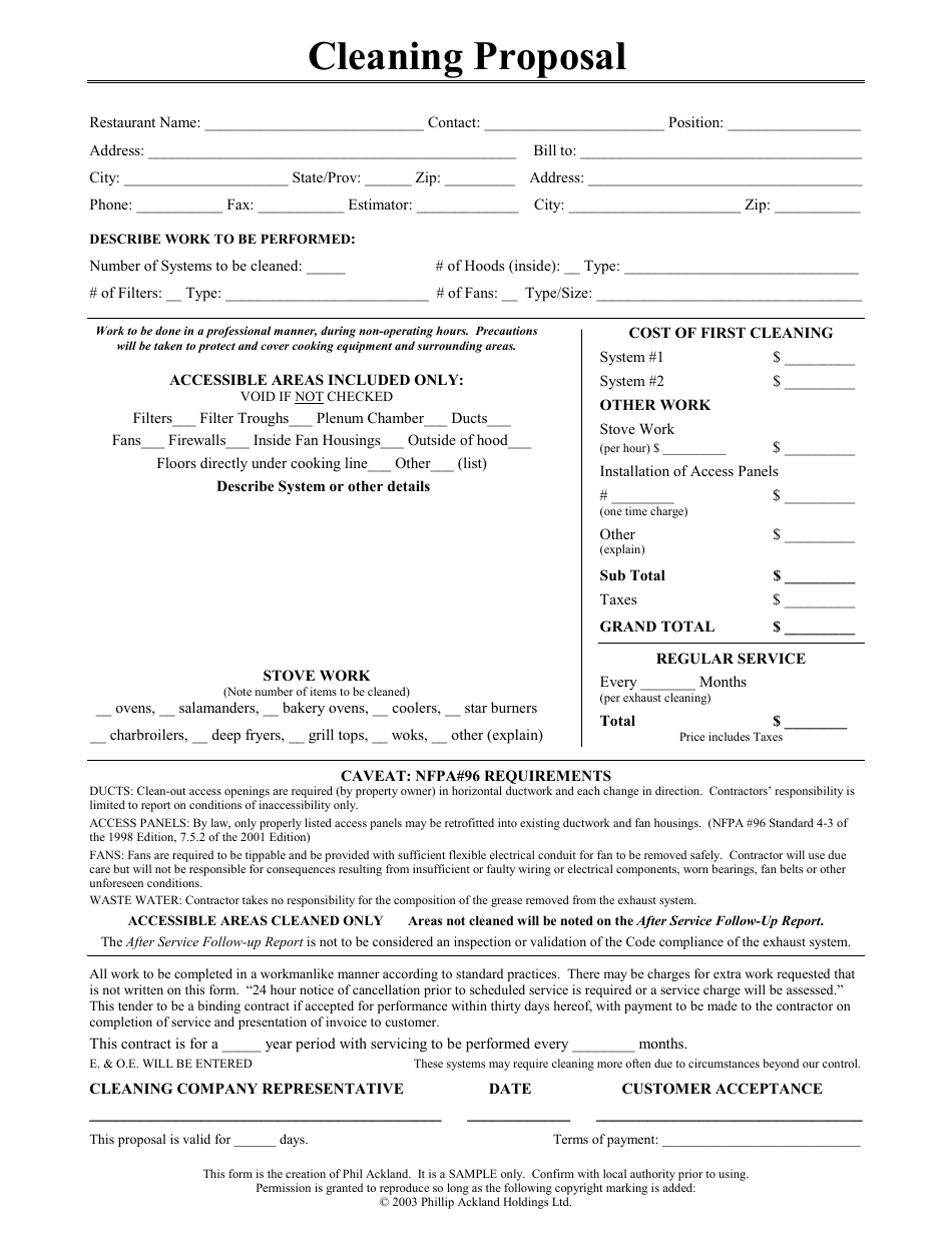 Restaurant Cleaning Proposal Form, Page 1