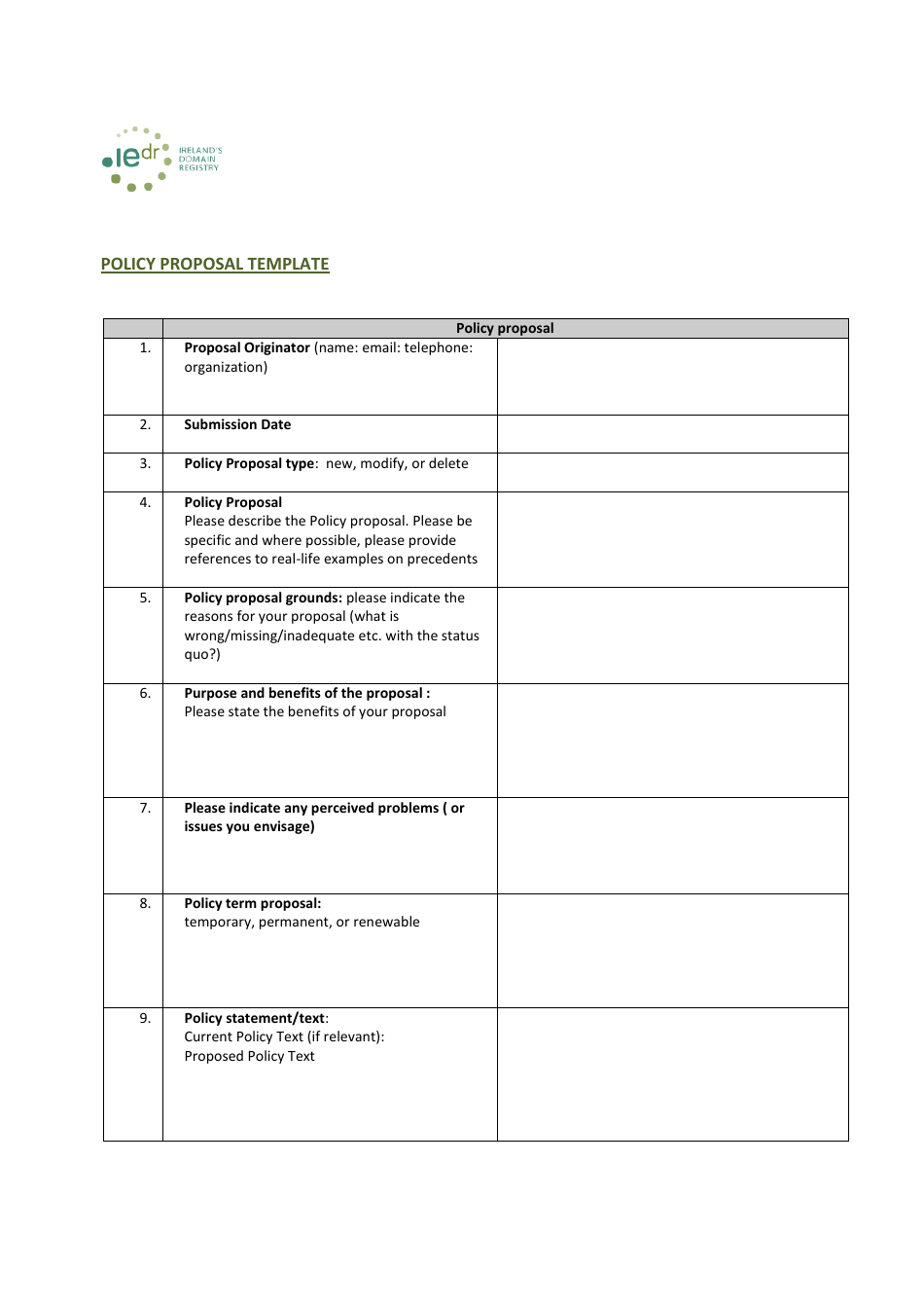 Policy Proposal Template - Ireland, Page 1