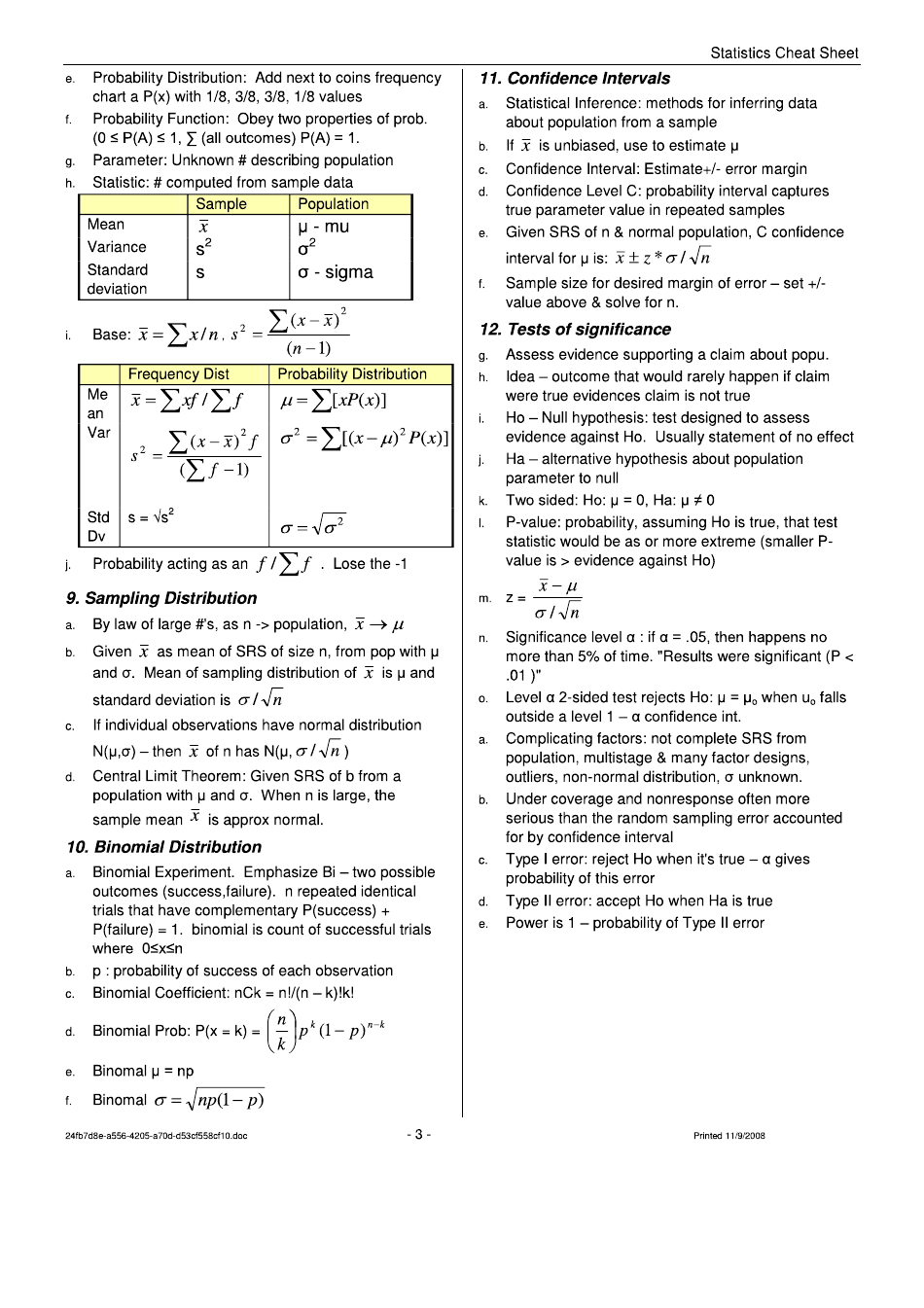 Statistics Cheat Sheet - Principles of Statistics, University of Nevada ...